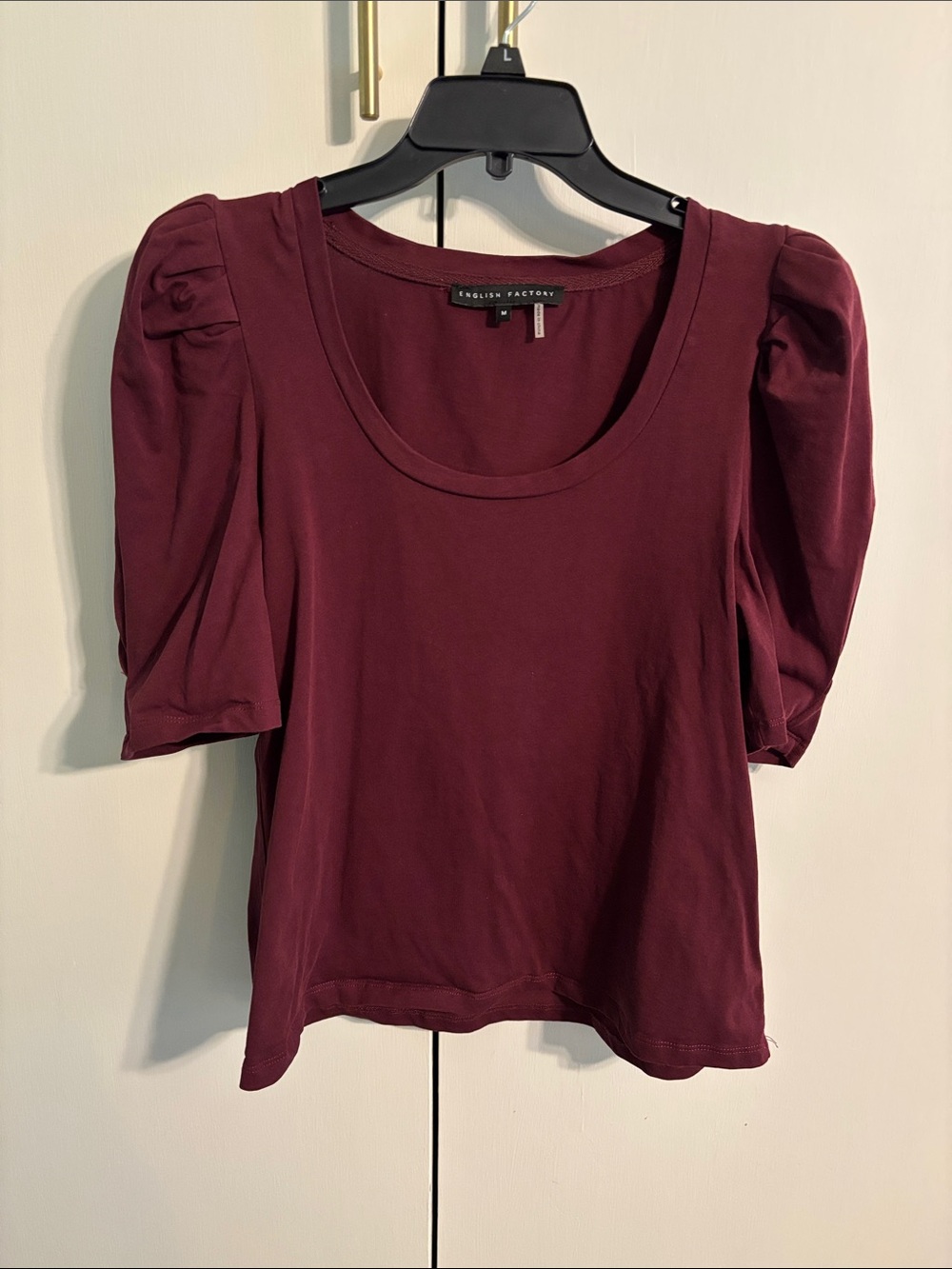 English Factory Burgundy Short-Sleeve Puff Shoulder Scoop Top
